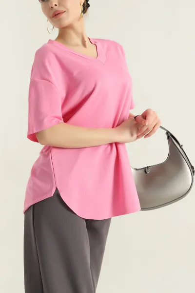 Pembe V Yaka Modal Kadın Tişört 346376