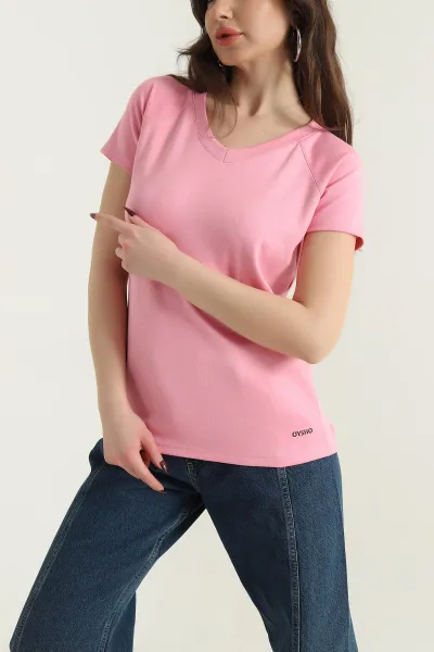 Pembe V Yaka Oysho Kadın Tişört 437428
