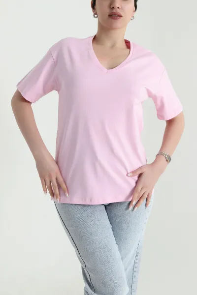 Pembe V Yaka Ribana Kadın Tişört 450990
