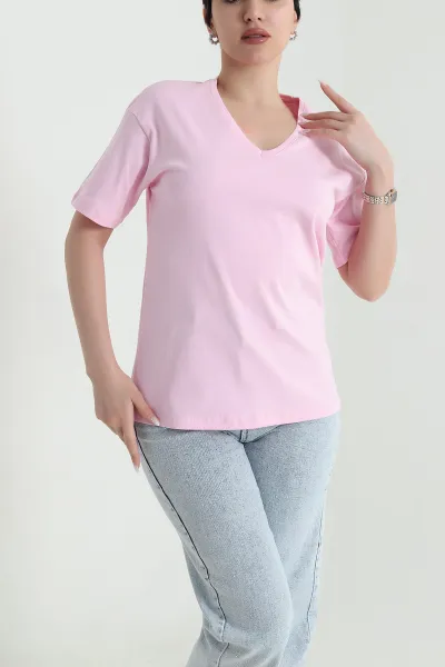 Pembe V Yaka Ribana Kadın Tişört 450990