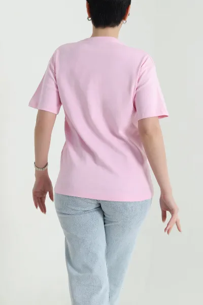 Pembe V Yaka Ribana Kadın Tişört 450990