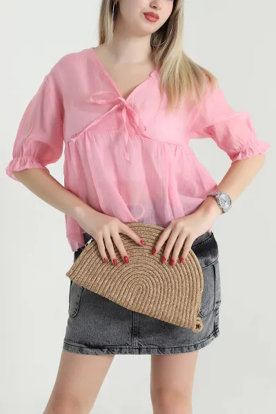 Pembe V Yaka Tensel Kadın Bluz 467772