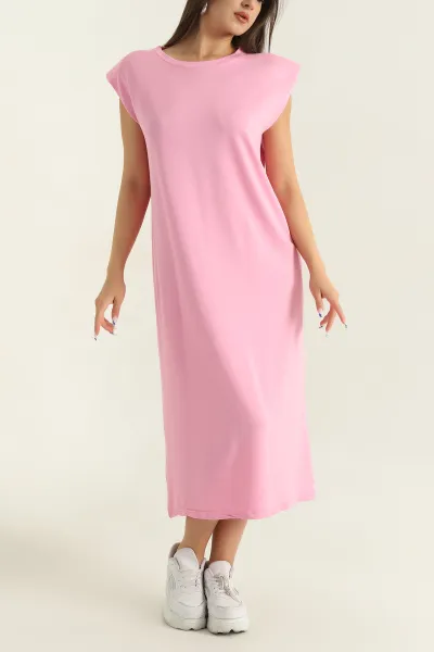 Pembe Vatkalı Kristal Kolsuz Kadın Elbise 372740