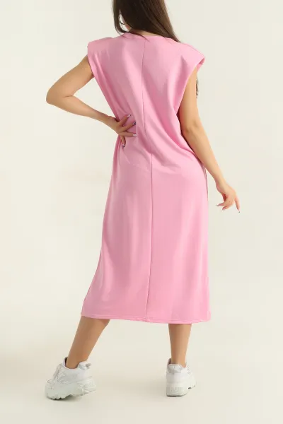 Pembe Vatkalı Kristal Kolsuz Kadın Elbise 372740