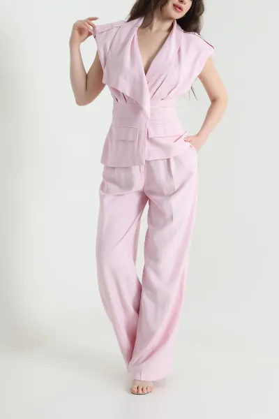 Pembe Vatkalı Yelek Pantolon Tasarım Kadın İkili Takım 453323