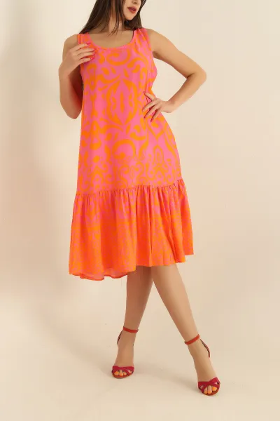 Pembe Viskon Desenli Sıfır Kol Elbise 277467