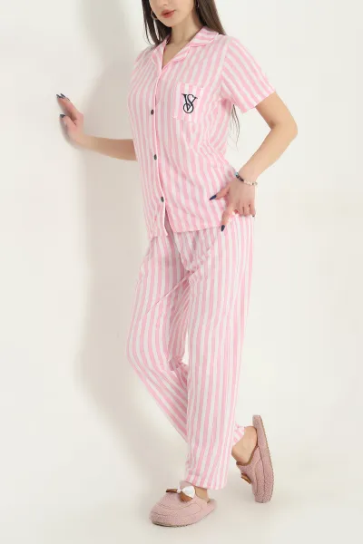 Pembe Viskon Düğmeli Kadın Pijama Takımı 341728