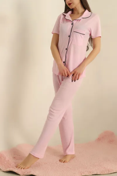 Pembe Viskon Düğmeli Fitilli Pijama Takımı 251556