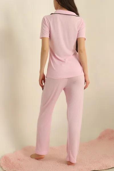Pembe Viskon Düğmeli Fitilli Pijama Takımı 251556