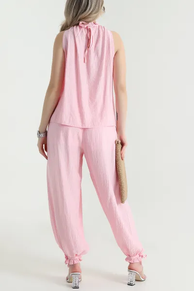 Pembe Yaka Aksesuarlı Tensel Kadın İkili Takım 466880