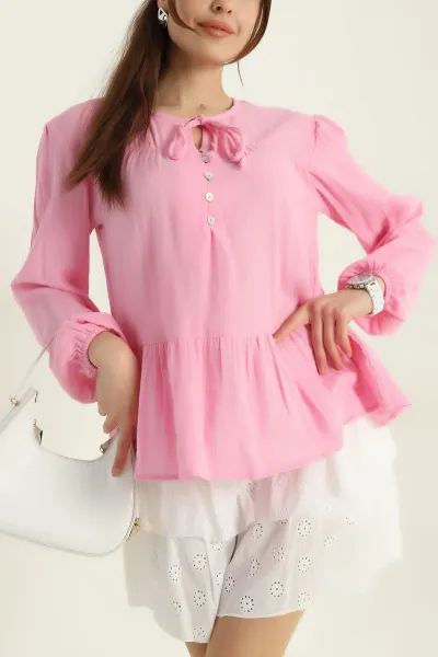 Pembe Yaka Bağlamalı Keten Kadın Bluz 364166