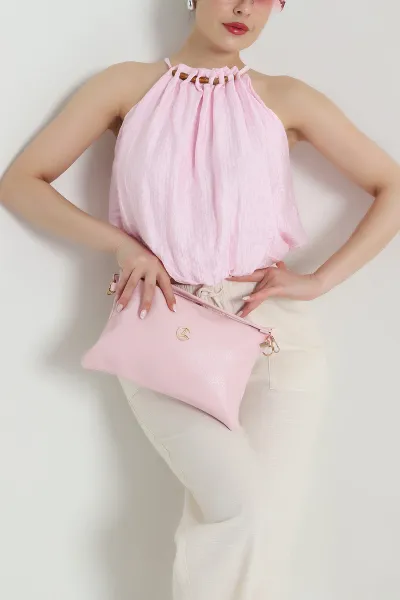 Pembe Yaka Boncuk Detay Müslin Bluz 470625