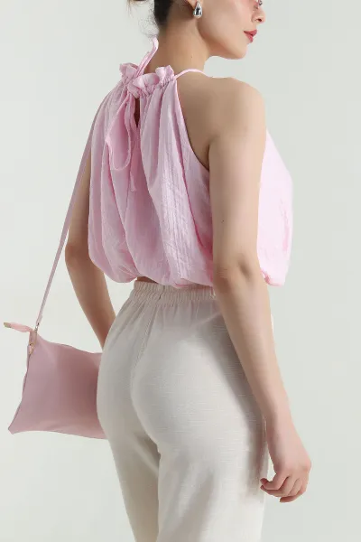 Pembe Yaka Boncuk Detay Müslin Bluz 470625