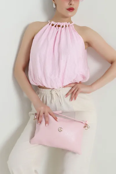 Pembe Yaka Boncuk Detay Müslin Bluz 470625