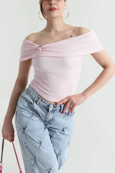 Pembe Yaka Detay Ottoman Kadın Bluz 468513