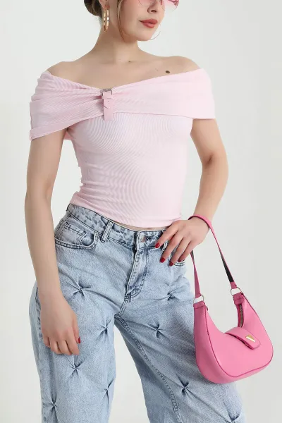 Pembe Yaka Detay Ottoman Kadın Bluz 468513