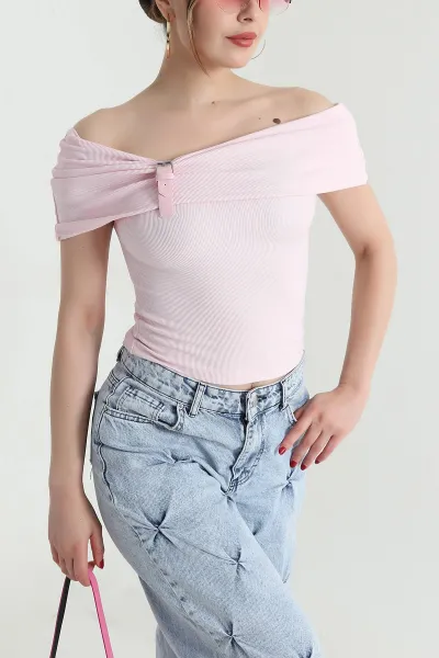 Pembe Yaka Detay Ottoman Kadın Bluz 468513
