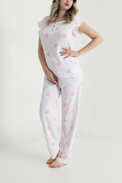 Pembe Yaka Düğmeli Bürümcük Kadın Pijama Takımı 479568