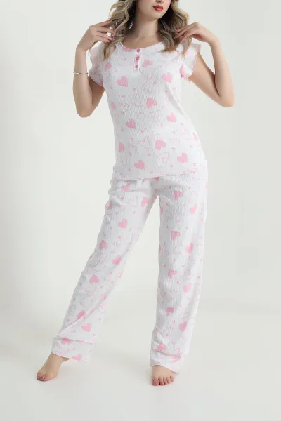 Pembe Yaka Düğmeli Bürümcük Kadın Pijama Takımı 479568