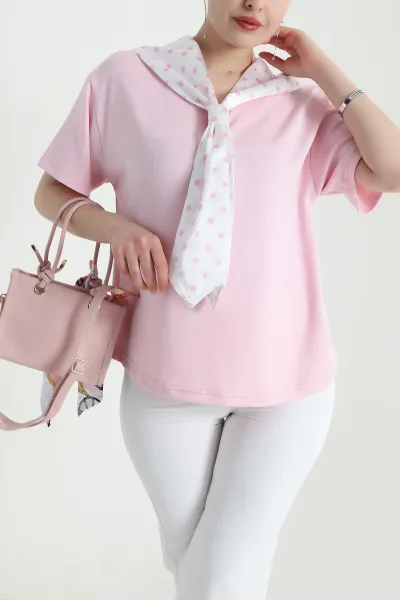 Pembe Yaka Fular Detay Modal Kadın Bluz 453896