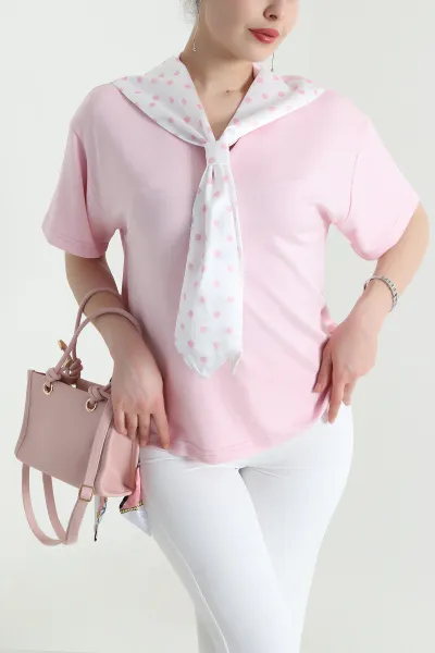 Pembe Yaka Fular Detay Modal Kadın Bluz 453896