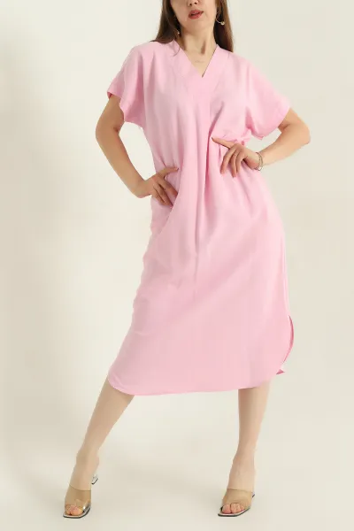 Pembe Yaka Katlama Detay Terni Kadın Elbise 364463