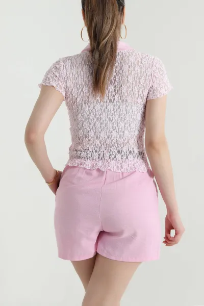Pembe Yakalı Güpür Tasarım Kadın Bluz 466417
