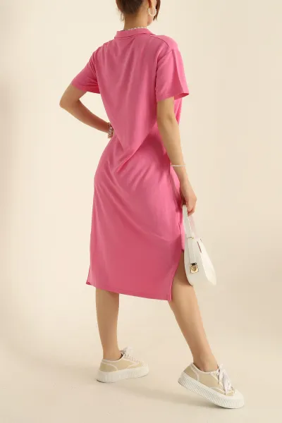 Pembe Yakalı Yırtmaçlı Modal Elbise 278733