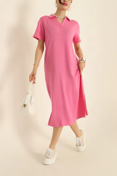 Pembe Yakalı Yırtmaçlı Modal Elbise 278733