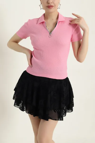 Pembe Yakası Fermuarlı Fitilli Kadın Tişört 433824