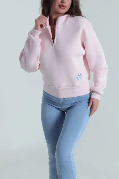 Pembe Yakası Fermuarlı Şardonlu Üç İp Kadın Sweat 485306