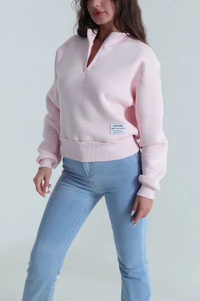 Pembe Yakası Fermuarlı Şardonlu Üç İp Kadın Sweat 485306