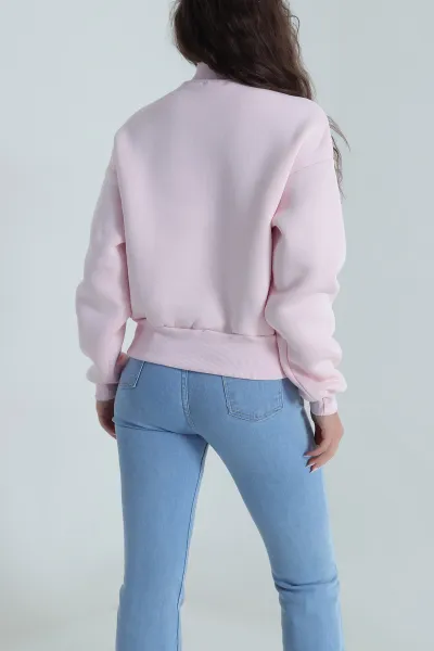 Pembe Yakası Fermuarlı Şardonlu Üç İp Kadın Sweat 485306