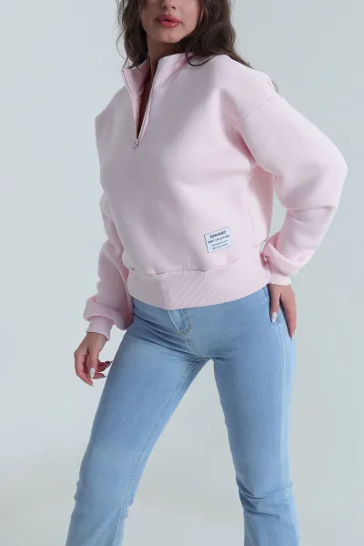 Pembe Yakası Fermuarlı Şardonlu Üç İp Kadın Sweat 485306