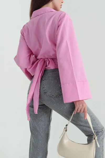 Pembe Yandan Bağlamalı Kadın Poplin Gömlek 352674