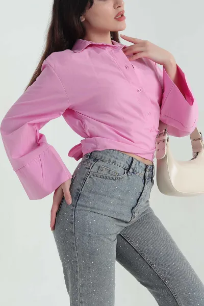 Pembe Yandan Bağlamalı Kadın Poplin Gömlek 352674