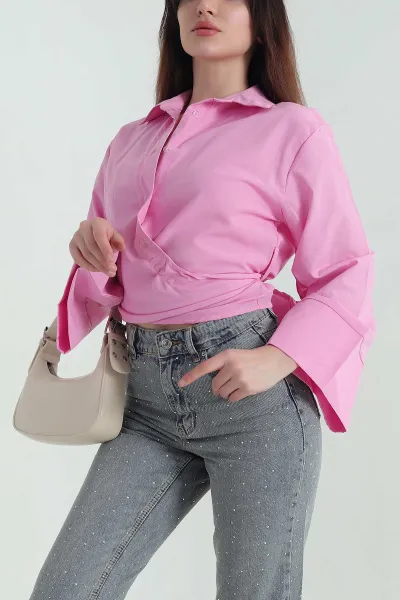 Pembe Yandan Bağlamalı Kadın Poplin Gömlek 352674