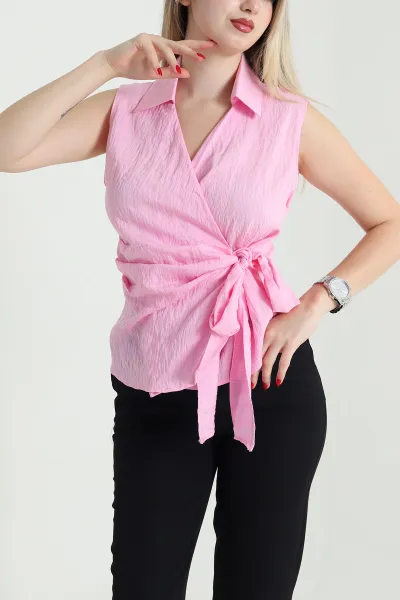 Pembe Yandan Bağlamalı Kolsuz Tensel Kadın Bluz 466759