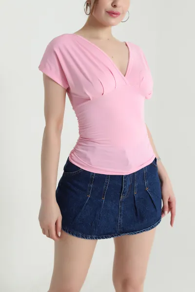 Pembe Yandan Büzgülü Scuba Kadın Bluz 473519