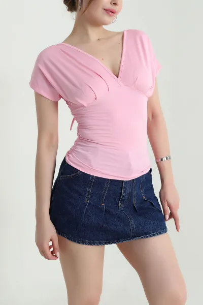 Pembe Yandan Büzgülü Scuba Kadın Bluz 473519