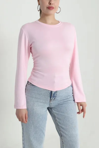Pembe Yanı Büzgülü Modal Kadın Bluz 484401