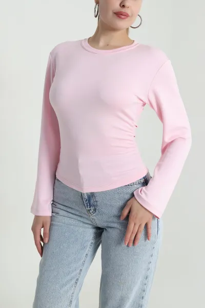 Pembe Yanı Büzgülü Modal Kadın Bluz 484401