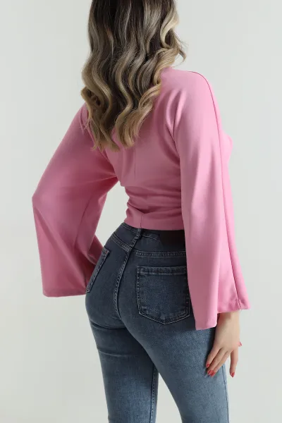 Pembe Yanı Büzgülü Modal Kadın Bluz 497728