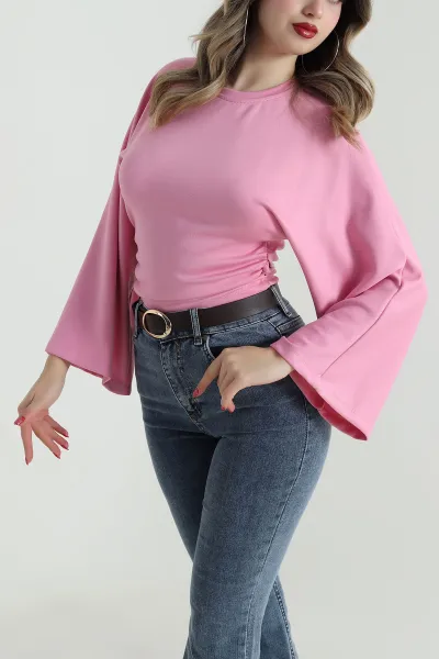 Pembe Yanı Büzgülü Modal Kadın Bluz 497728