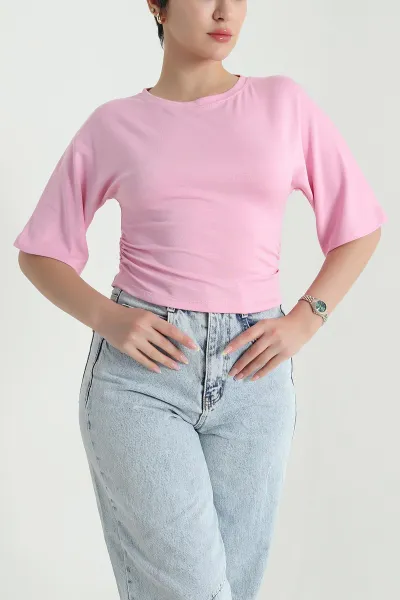 Pembe Yanı Büzgülü Oysho Kadın Tişört 469632