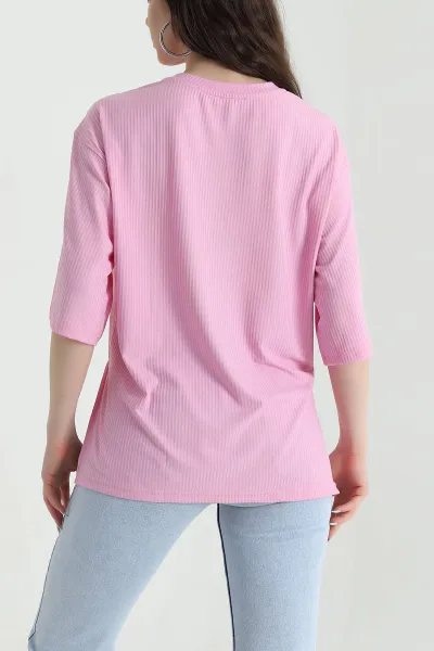 Pembe Yanı Yırtmaçlı Bisiklet Yaka Kadın Bluz 449270