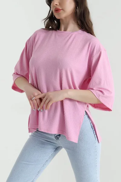 Pembe Yanı Yırtmaçlı Bisiklet Yaka Kadın Bluz 449270