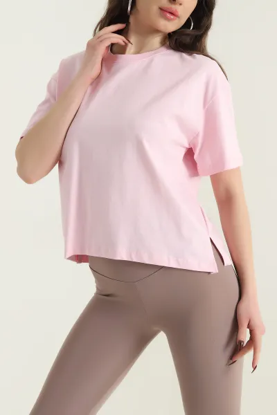 Pembe Yanı Yırtmaçlı Kadın Tişört 435435