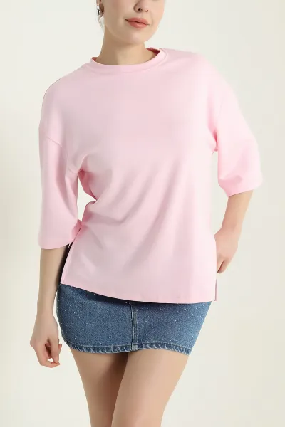 Pembe Yanı Yırtmaçlı Oysho Kadın Tişört 435501