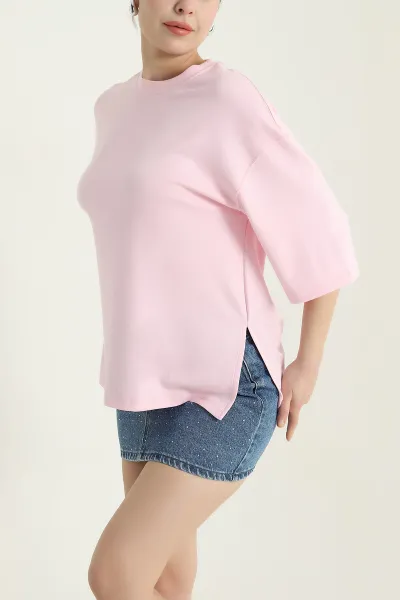 Pembe Yanı Yırtmaçlı Oysho Kadın Tişört 435501